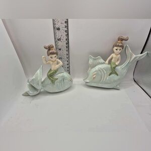 Vintage RARE Mermaid Riding Fish Wall Plaque Set -Retro Arnels Chalkware